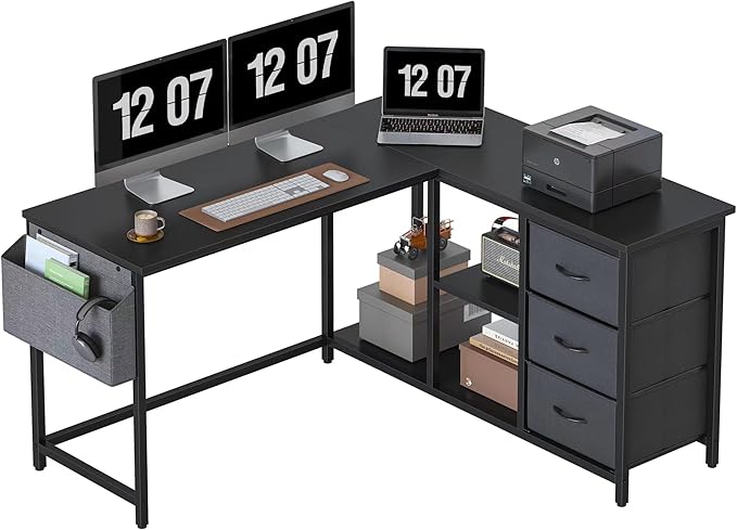 Treesland L Shaped Desk with Drawers, Computer Desk with Storage & Shelves, Corner Desk with Storage, Home Office Desks with Drawers, L Shape Desks with Storage, Black - LeafyLoom