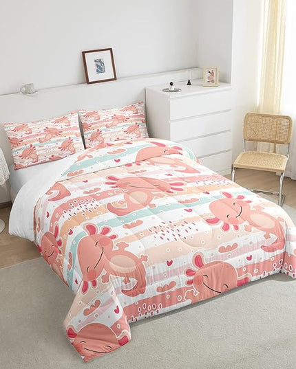 Cute Axolotl Comforter Set Queen Size Rainbow Stripes Quilt Set Animal Theme Bedding Comforters 3pcs for Kids Teens Room Decor,Pink Romantic Soft Duvet Set with 2 Pillowcases - LeafyLoom