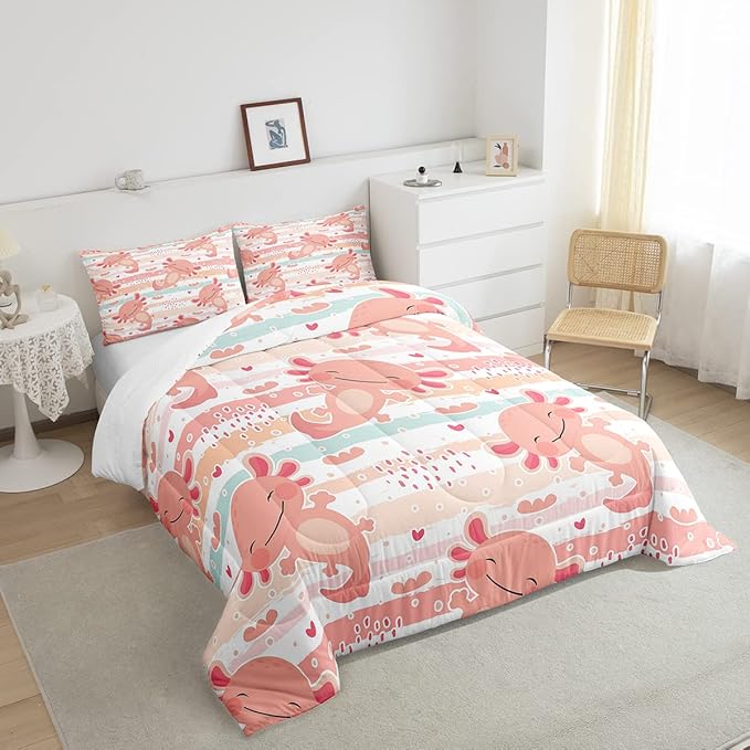 Cute Axolotl Comforter Set Queen Size Rainbow Stripes Quilt Set Animal Theme Bedding Comforters 3pcs for Kids Teens Room Decor,Pink Romantic Soft Duvet Set with 2 Pillowcases - LeafyLoom