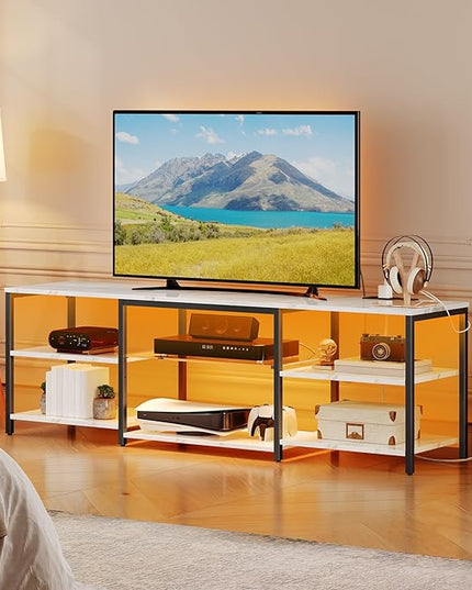 HOOBRO LED TV Stand for 75 Inch TVs with Charging Station, Gaming Entertainment Center with 3-Tier Open Storage, Long 63” Media TV Console Table, TV Stand for Living Room, Marble White BM21UDDS01 - LeafyLoom