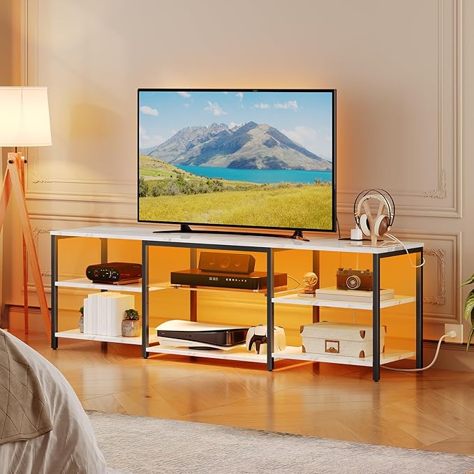HOOBRO LED TV Stand for 75 Inch TVs with Charging Station, Gaming Entertainment Center with 3-Tier Open Storage, Long 63” Media TV Console Table, TV Stand for Living Room, Marble White BM21UDDS01 - LeafyLoom