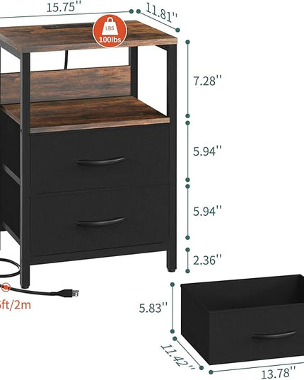 Yoobure Nightstand with Charging Station, Small Night Stand with Fabric Drawers and Storage Shelf for Bedrooms, Nightstands for Small Spaces, Bedside Table with USB Ports & Outlets, Bed Side Table - LeafyLoom