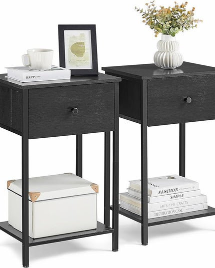 VASAGLE Nightstands, Set of 2, Side Table with Fabric Drawer, 24-Inch Tall End Table with Storage Shelf, Bedroom, Black ULGS221B21 - LeafyLoom