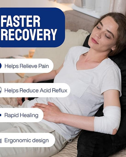 ComfortSpa Reading Pillow for Bed Adult Size, Back Rest Pillow with Arms, Pockets and Washable Cover; Use as Bed Pillows for Sitting Up in Bed for Bedrest or Relief from GERD Heartburn (Black) - LeafyLoom