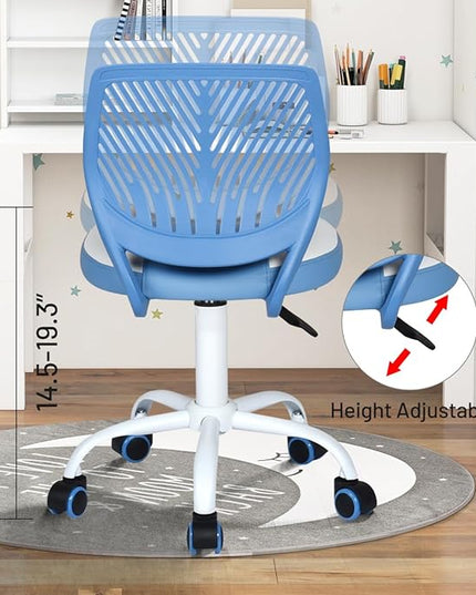 FurnitureR Desk Chair Small Study Chairs Armless for Child Kids Teens, Swivel Rolling Lightweight Task Chair with Wheels and Pu Leather Padded Cushion, Blue/White - LeafyLoom