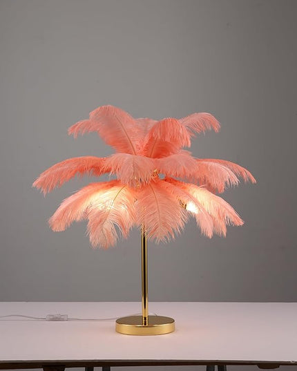 Ostrich Feather Table Lamp with Plug in Wire Modern Feather Lamp 3-Light Bedside Table Lamp for Living Room, Bedroom and Office 24” Tall Feather Desk Lamp(Pink-Metal Table Lamp) - LeafyLoom