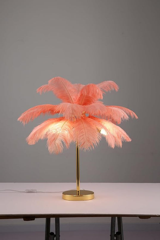 Ostrich Feather Table Lamp with Plug in Wire Modern Feather Lamp 3-Light Bedside Table Lamp for Living Room, Bedroom and Office 24” Tall Feather Desk Lamp(Pink-Metal Table Lamp) - LeafyLoom