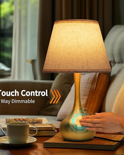Touch Table Lamp for Bedroom, 3-Way Dimmable Gold Bedside Lamps for Nightstand with Fabric Shade, Desk Lamp for Kids Reading, Home Office - LeafyLoom
