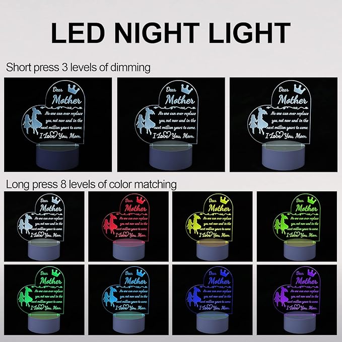 Mom Gift from Daughter Son, Unique Birthday Thanksgiving Christmas Gifts for Mom, Personalized Engraved Acrylic Night Light Mom Gift, Mothers Day Gift Ideas - LeafyLoom