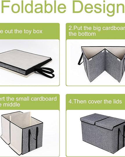 Large Kids Toy Box Chest Storage organizer with Double Flip-Top Lid - Collapsible Sturdy Toy Organizers And Storage Bins With Big Handles For Nursery, Playroom, 26.8"x13.8"x16"(Grey) - LeafyLoom