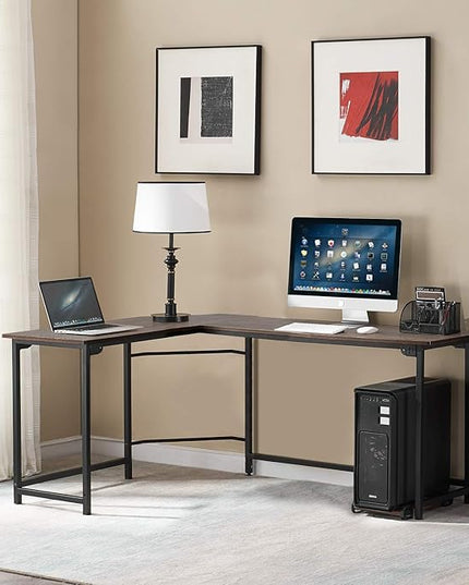 VECELO L Shaped Computer Corner Desk with CPU Stand/PC Laptop Study Writing Table for Home Office Workstation Wood & Metal, 66 in, Coffee + Black Leg - LeafyLoom