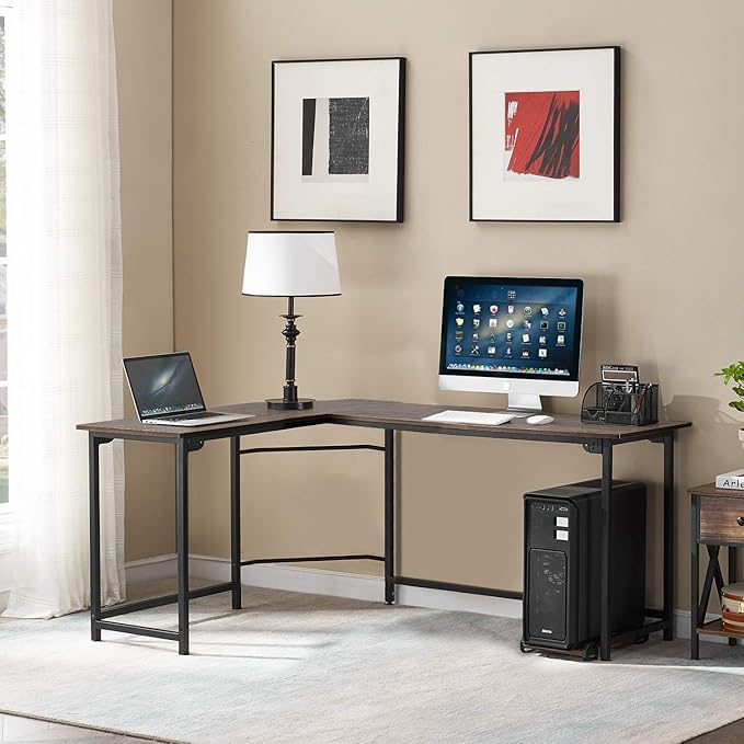 VECELO L Shaped Computer Corner Desk with CPU Stand/PC Laptop Study Writing Table for Home Office Workstation Wood & Metal, 66 in, Coffee + Black Leg - LeafyLoom