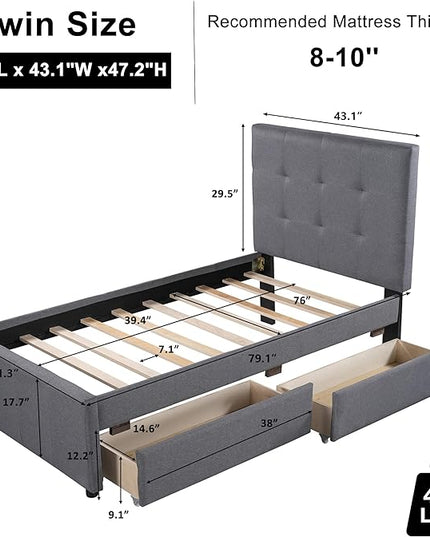 Bellemave Upholstered Twin Size Platform Bed Frame with 2 Storage Drawers and Headboard, Linen Fabric Simple Style, Solid Wooden Slats Support, No Box Spring Needed, Grey - LeafyLoom
