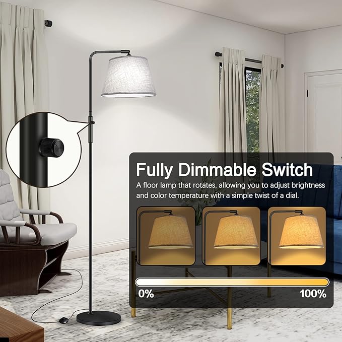 Floor Lamp with 3 Color Temperatures for Living Room Bedroom Office, Arc Modern Standing Lamp Tall Bright Corner Floor Lamp with Shade, Stepless Adjustable 3000K-6500K Colors, 9W LED Bulb - LeafyLoom