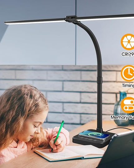 ShineTech LED Desk Lamp for Home Office, 24W Double Head Desk Light with Wireless Charging, USB Port, 25 Lighting Modes Adjustable Gooseneck Lamps - LeafyLoom