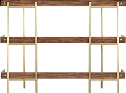 Martha Stewart Emmett 3 Shelf Bookcase with Vertical Metal Frame, Home Office Storage Display Unit, 35"H, Walnut Wood Grain/Polished Brass - LeafyLoom