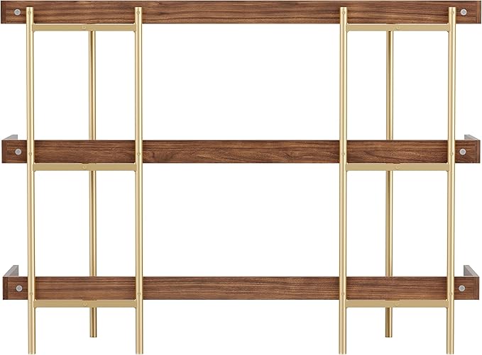 Martha Stewart Emmett 3 Shelf Bookcase with Vertical Metal Frame, Home Office Storage Display Unit, 35"H, Walnut Wood Grain/Polished Brass - LeafyLoom