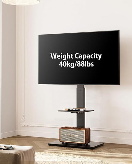 FITUEYES Swivel Floor TV Stand with Mount for TVs 37 43 50 55 60 65 70 75 Inch LCD LED Flat/Curved Screens Universal Swivel Televisions TV Mount Stand for Bedroom Living Room Black Tempered Glass Base - LeafyLoom