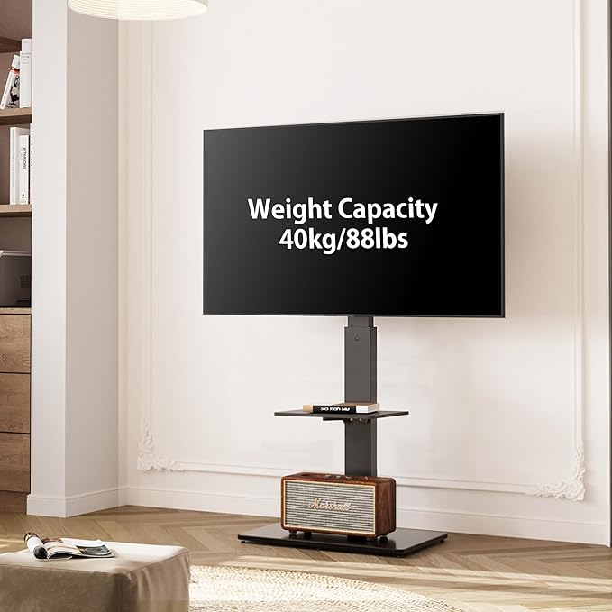 FITUEYES Swivel Floor TV Stand with Mount for TVs 37 43 50 55 60 65 70 75 Inch LCD LED Flat/Curved Screens Universal Swivel Televisions TV Mount Stand for Bedroom Living Room Black Tempered Glass Base - LeafyLoom