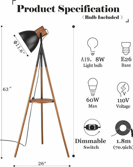 ELYONA Dimmable Tripod Floor Lamp with Table, Wood Standing Lamp with Adjustable Metal Shade, Modern End Table with Reading Light for Livingroom, Bedroom, Office, LED Bulb Included, Black & Brown - LeafyLoom