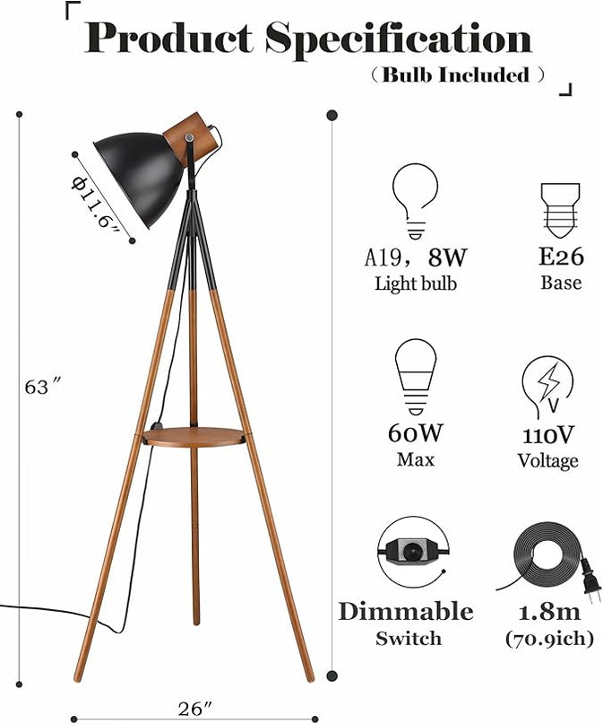 ELYONA Dimmable Tripod Floor Lamp with Table, Wood Standing Lamp with Adjustable Metal Shade, Modern End Table with Reading Light for Livingroom, Bedroom, Office, LED Bulb Included, Black & Brown - LeafyLoom