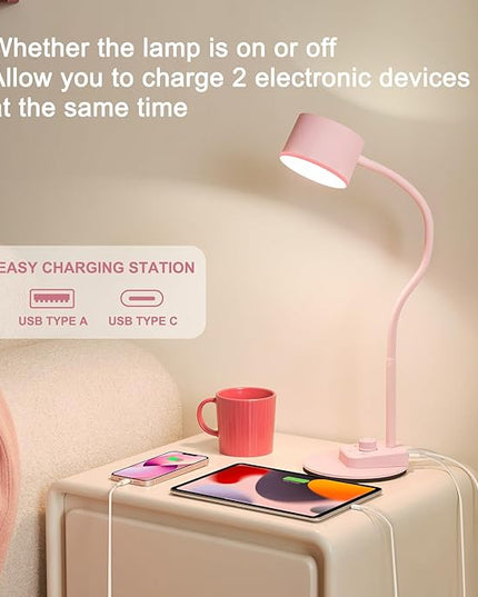 Cute Desk Lamp with USB C + A Charging Port, 5 Colors Dimmable Reading Lamps, Minimalist Pink Lamp for Kids, Eye Care Metal Bedside Table Lamp with Timer Flexible Gooseneck Desk Light for Home Office - LeafyLoom