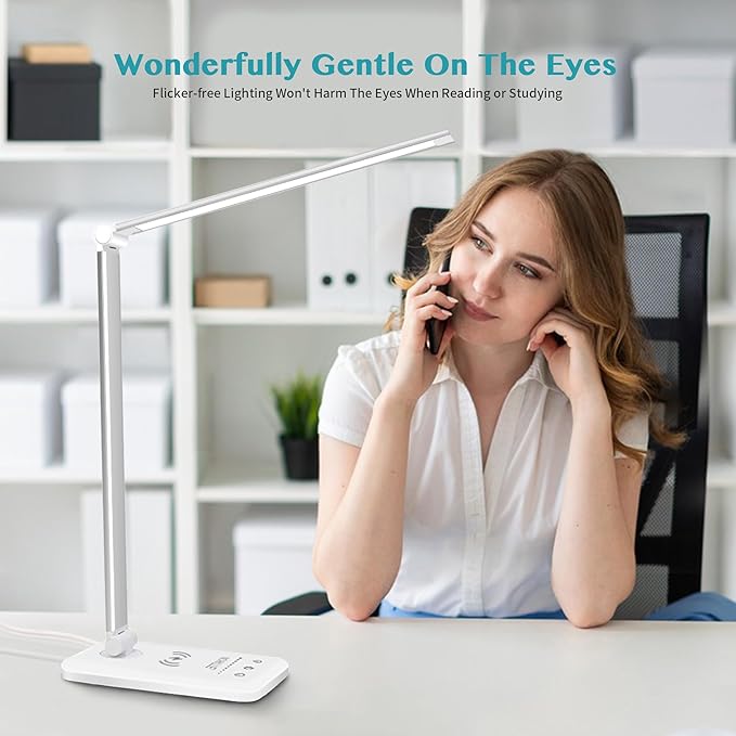 LED Desk Lamp with USB Charging Port, Dimmable Eye-Caring Table Lamps with Wireless Charger, 5 Brightness Levels & 5 Lighting Modes, Touch Control, Auto Timer - LeafyLoom