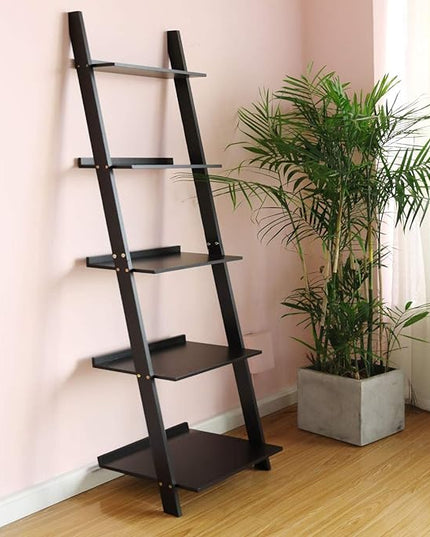 HYNAWIN Ladder Shelf 5 Tier Bookcase, Multipurpose Plant Flower Stand Bookshelf Storage Rack Shelves, Wood Look Accent Bamboo Frame Modern Furniture Home Office (Black) - LeafyLoom