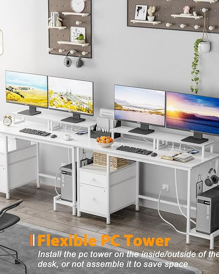 Furologee White Computer Desk with Drawer and Power Outlets, 47" Office Desk with 2 Monitor Stands and Fabric File Cabinet, Writing Gaming Table with Shelves and 2 Hooks for Home Office - LeafyLoom