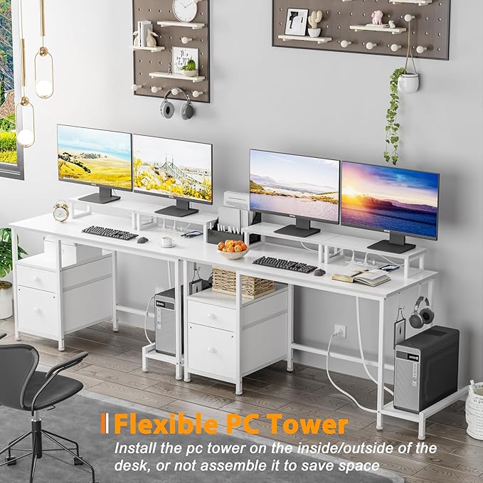Furologee White Computer Desk with Drawer and Power Outlets, 47" Office Desk with 2 Monitor Stands and Fabric File Cabinet, Writing Gaming Table with Shelves and 2 Hooks for Home Office - LeafyLoom
