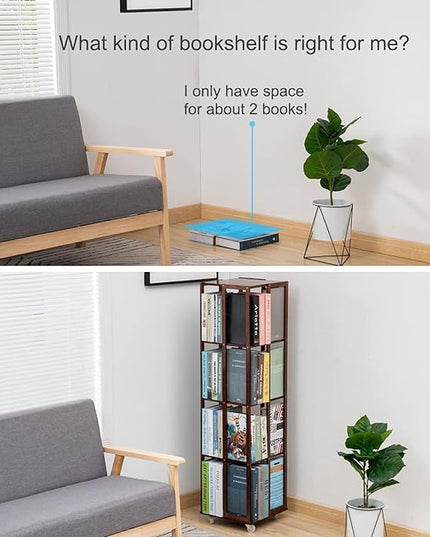 COPREE 5 Tier Rolling Bookcase, Bamboo 360 Rotating Bookshelf, Freestanding Storage Organizer Holder Book Rack with Wheels for Bedroom, Living Room Home and Office - LeafyLoom