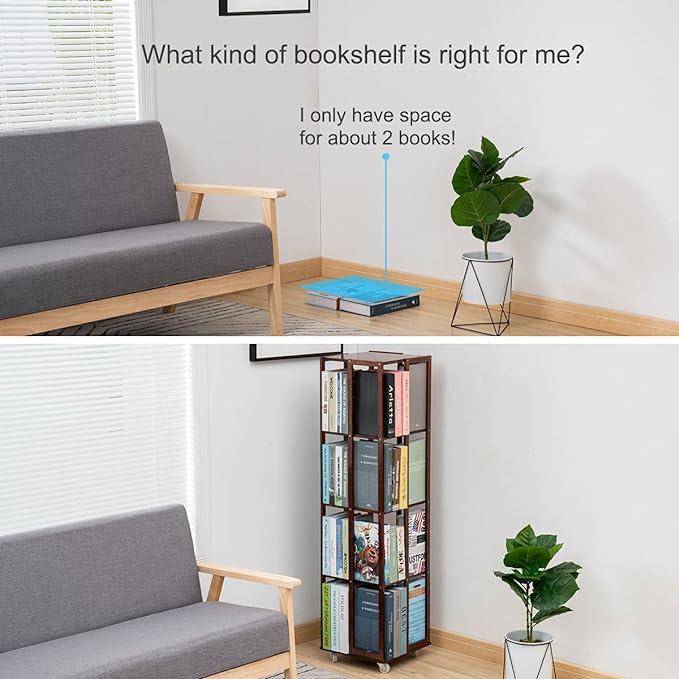 COPREE 5 Tier Rolling Bookcase, Bamboo 360 Rotating Bookshelf, Freestanding Storage Organizer Holder Book Rack with Wheels for Bedroom, Living Room Home and Office - LeafyLoom