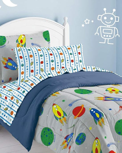 Dream Factory Space Rocket Ultra Soft Microfiber Comforter Set, Multi-Colored, Twin,2A745901MU - LeafyLoom