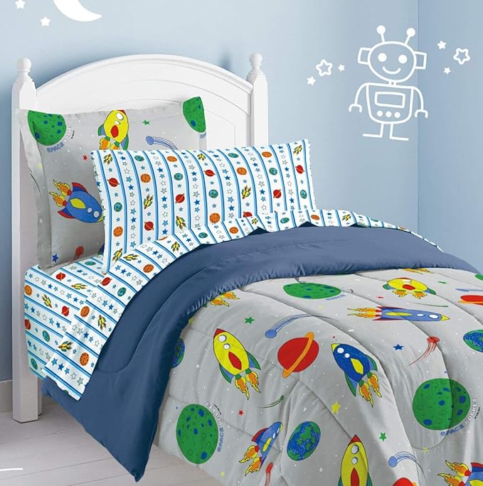 Dream Factory Space Rocket Ultra Soft Microfiber Comforter Set, Multi-Colored, Twin,2A745901MU - LeafyLoom