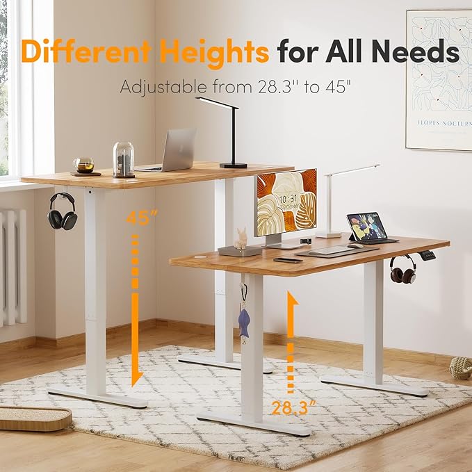 Cubiker 55 x 24 Inch Standing Desk, Stand up Height Adjustable Home Office Electric Table, Sit Stand Desk with Splice Board, White Frame & Light Rustic Brown Desktop - LeafyLoom