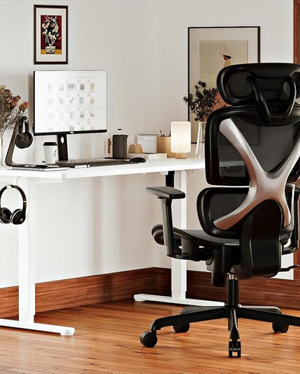 GABRYLLY Ergonomic Office Chair, Mesh Desk Chair with Lumbar Support, Adjustable 3D Arms, Reclining, Headrest & Large Seat - Big and Tall Ergonomic Chair for Home Office Work(Grey) - LeafyLoom