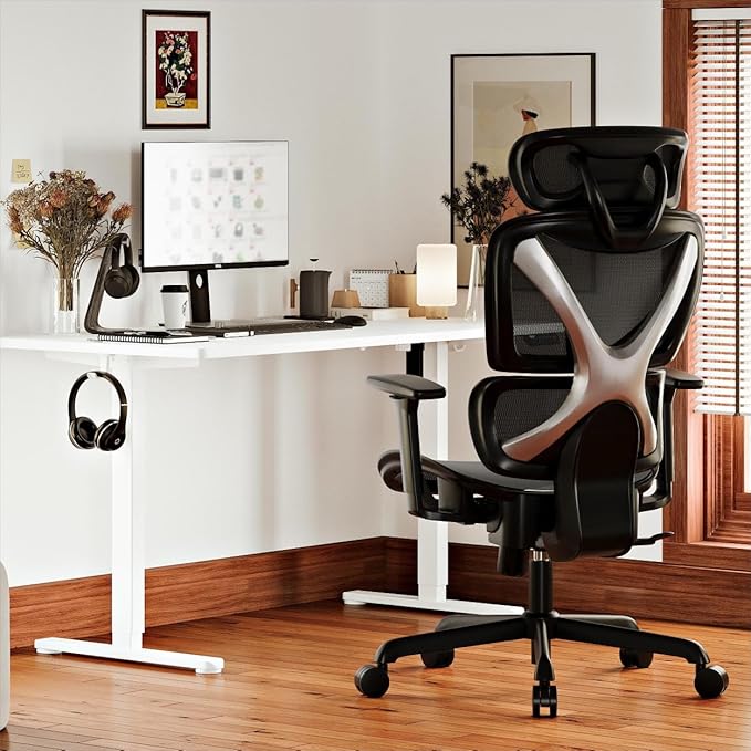 GABRYLLY Ergonomic Office Chair, Mesh Desk Chair with Lumbar Support, Adjustable 3D Arms, Reclining, Headrest & Large Seat - Big and Tall Ergonomic Chair for Home Office Work(Grey) - LeafyLoom