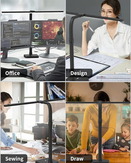 LED Desk Lamp for Home Office, Double Head 24W with USB Charging Port & Wireless Charger, Architect Light 5 Lighting Brightness Flexible Gooseneck Table Reading Study, Black - LeafyLoom