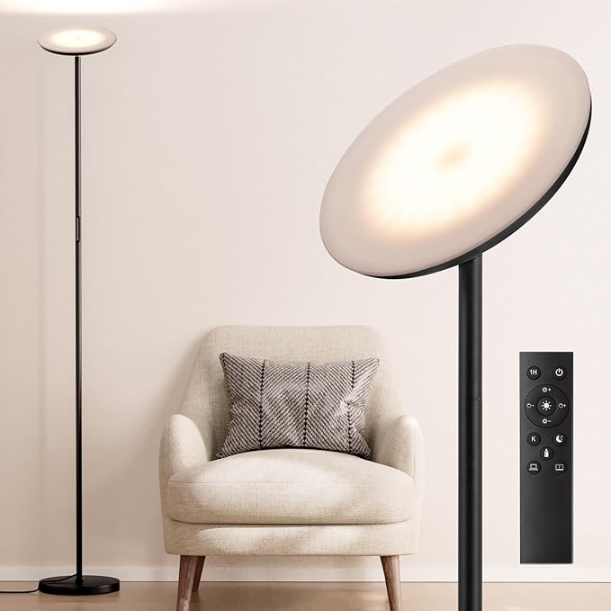 Modern LED Floor Lamp - Remote & Touch Control, 40W/2400LM Sky Torchiere Standing Lamp, Fully Dimmable, 3 Color Temperatures, Ideal for Living Room & Bedroom, Easy to Assemble - LeafyLoom