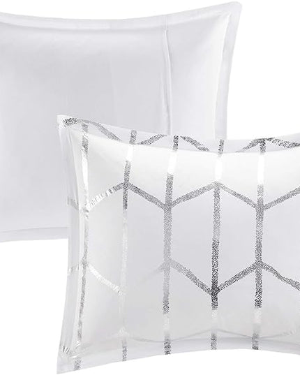 Intelligent Design Raina King / Cal King Comforter Set, Soft Microfiber Comforter Set King, Modern Geometric Metallic Bed Set, 5 Pieces College Bedding Comforter Set with 2 Shams, 2 Toss Pillows White - LeafyLoom