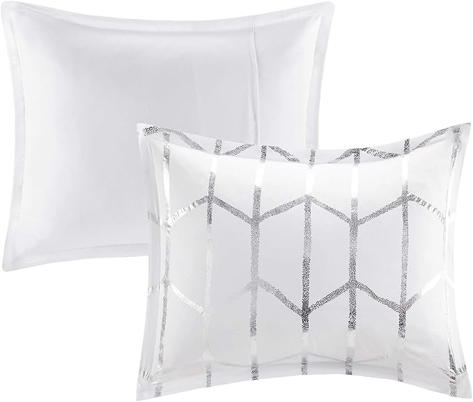 Intelligent Design Raina King / Cal King Comforter Set, Soft Microfiber Comforter Set King, Modern Geometric Metallic Bed Set, 5 Pieces College Bedding Comforter Set with 2 Shams, 2 Toss Pillows White - LeafyLoom