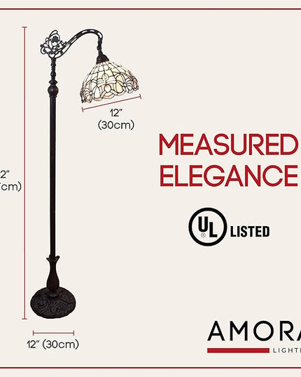 Amora Tiffany Floor Lamp - Arched, Stained Glass 62” - Traditional White Mahogany with Foot Switch Operation and Adjustable Lamp Shade - Custom Handcrafted Floor Lamps for Living Room - LeafyLoom