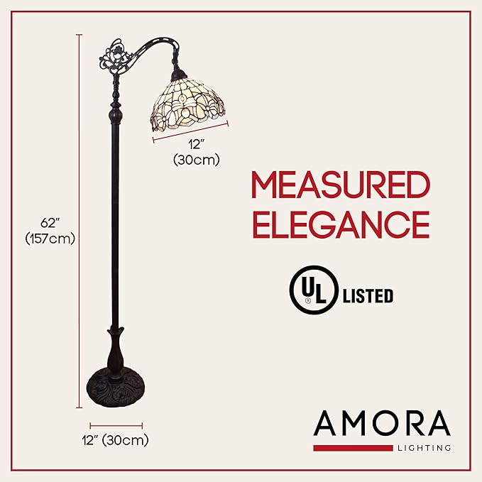 Amora Tiffany Floor Lamp - Arched, Stained Glass 62” - Traditional White Mahogany with Foot Switch Operation and Adjustable Lamp Shade - Custom Handcrafted Floor Lamps for Living Room - LeafyLoom