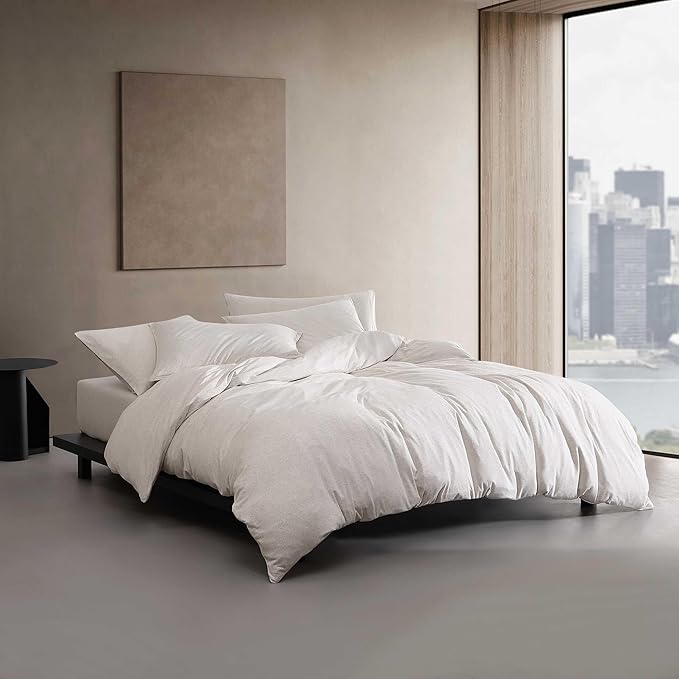Calvin Klein - Queen Comforter Set, Luxuriously Soft Home Decor, Modern Cotton Melange Jersey Bedding (Ivory Grey Heather, Queen) - LeafyLoom