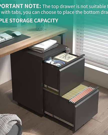 2 Drawer Mobile File Cabinet with Lock,Under Desk Metal Filing Cabinet for Home Office,Steel Small Rolling File Cabinet with 2 Keys for Legal/Letter/A4 Size Fully Assembled Except Wheels (Black) - LeafyLoom