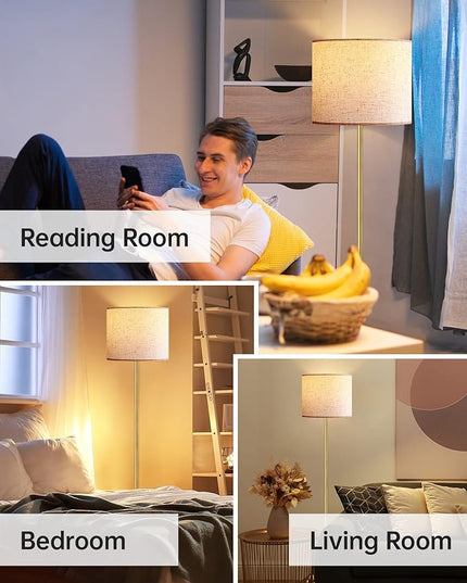 BoostArea Floor Lamp, Standing Lamp, 9W LED Floor Lamp with 3 Dimmable Levels, Simple Standing Lamp with Linen Lampshade, On/Off Footswitch, Tall Floor Lamps for Living Room/Bedroom/Office/Boho, Gold - LeafyLoom