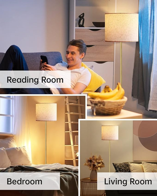 BoostArea Floor Lamp, Standing Lamp, 9W LED Floor Lamp with 3 Dimmable Levels, Simple Standing Lamp with Linen Lampshade, On/Off Footswitch, Tall Floor Lamps for Living Room/Bedroom/Office/Boho, Gold - LeafyLoom