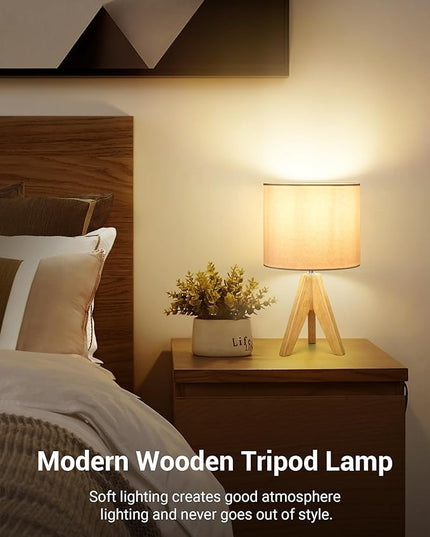 DEWENWILS Mid Century Bedside Lamp, Small Tripod Table Lamp with Linen Fabric Shade, Wood Nightstand Lamp for Nursery, Living Room, Bedroom, End Table, UL Listed, 14.2 Inch, ON/Off Switch - LeafyLoom