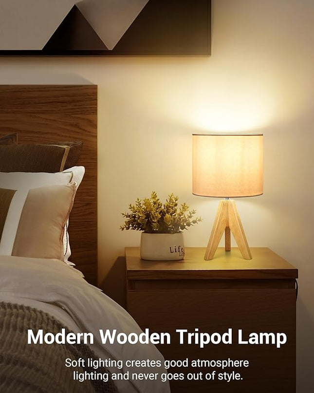 DEWENWILS Mid Century Bedside Lamp, Small Tripod Table Lamp with Linen Fabric Shade, Wood Nightstand Lamp for Nursery, Living Room, Bedroom, End Table, UL Listed, 14.2 Inch, ON/Off Switch - LeafyLoom
