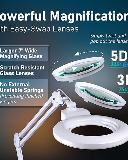 Desk Magnifying Glass with Light - DAEV - 7" Large LED Magnifying Glass with Clamp, Easy Change 5D (2.25X) and 3D (1.75X) Glass. 1600 Lumen, 6500K CCT Dimmable LED Magnifier with Light, White - LeafyLoom